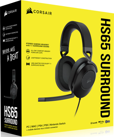 Corsair HS65 Surround Stereo Gaming Headset with 7.1 Surround Sound Carbon