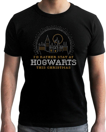 Harry Potter Hogwarts Christmas T-Shirt Black (Medium)